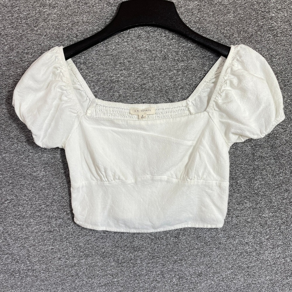 LA Hearts Crop Top Small White Smocked Back Puff Sleeve Linen Blend